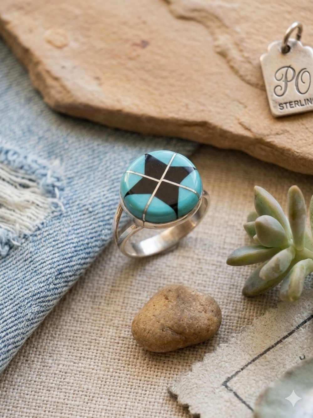 Sterling Silver Turquoise Inlay Ring - Blue Black Geometric size 6